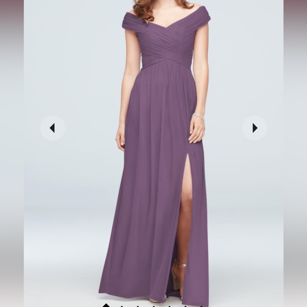 David’s Bridal Crisscross off the Shoulder Mesh Bridesmaid Dress